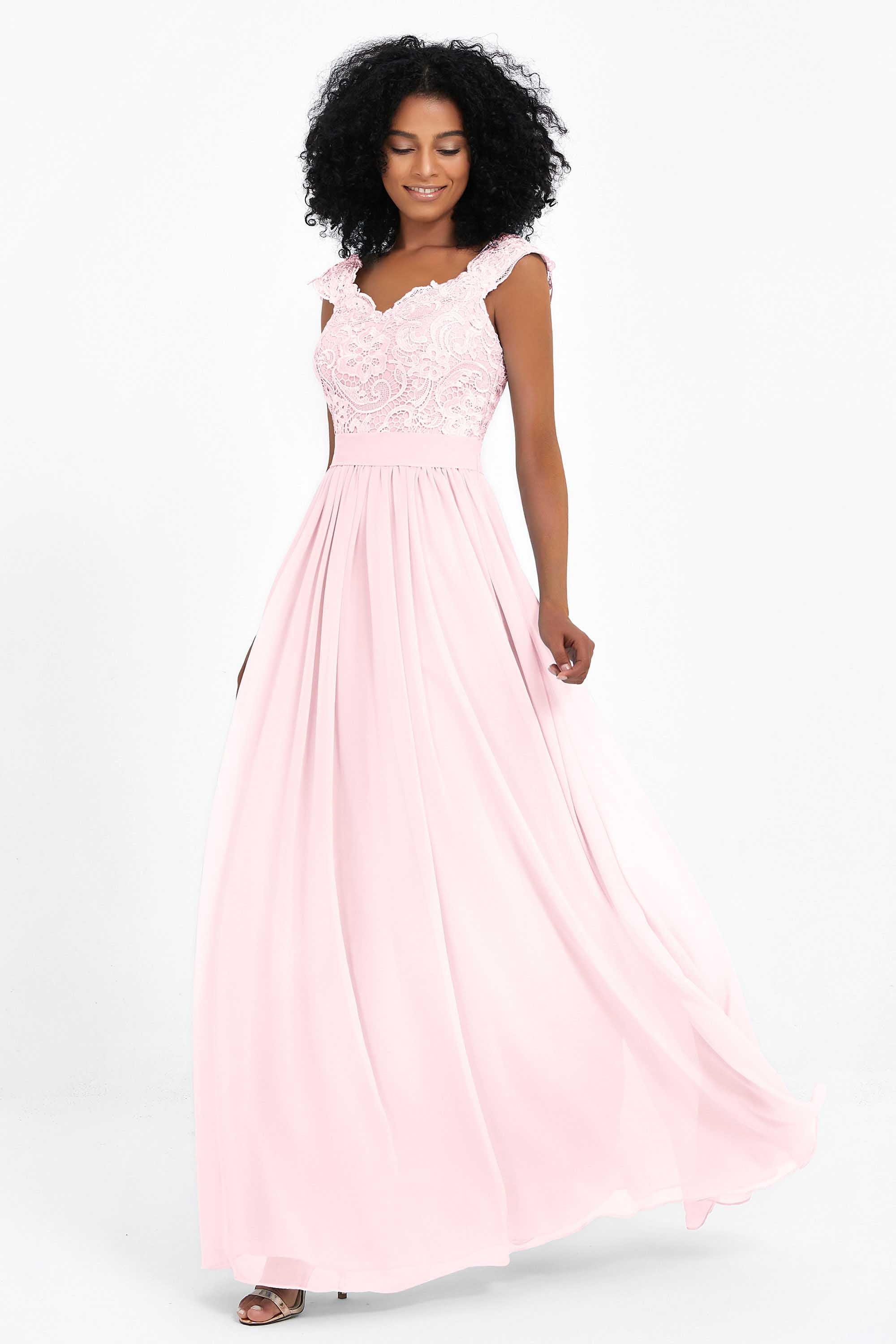 Cap Sleeves Chiffon Bridesmaid Dress with Lace Long Formal Evening Prom Dresses Gowns