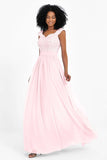 Cap Sleeves Chiffon Bridesmaid Dress with Lace Long Formal Evening Prom Dresses Gowns