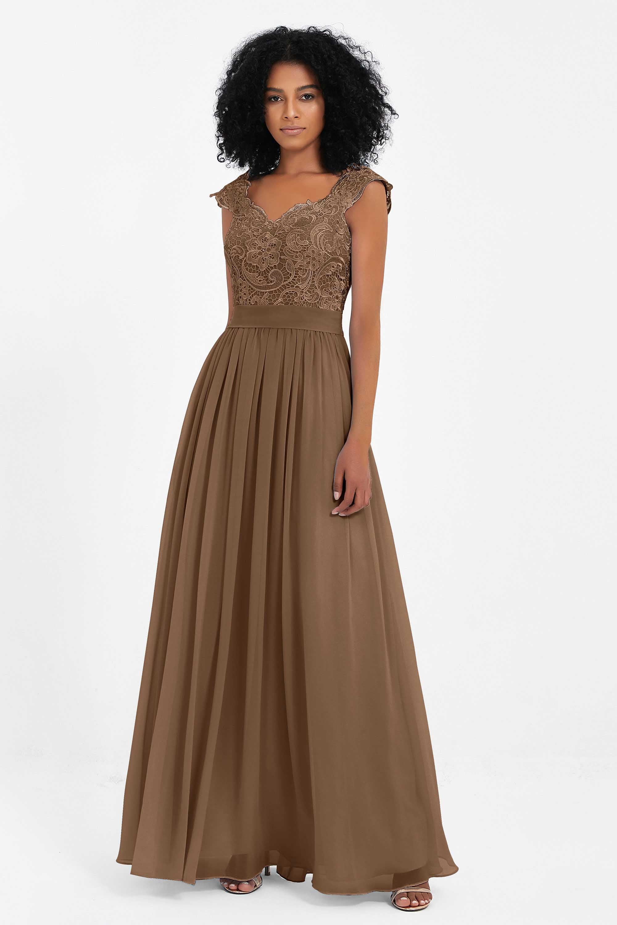 Cap Sleeves Chiffon Bridesmaid Dress with Lace Long Formal Evening Prom Dresses Gowns