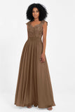 Cap Sleeves Chiffon Bridesmaid Dress with Lace Long Formal Evening Prom Dresses Gowns