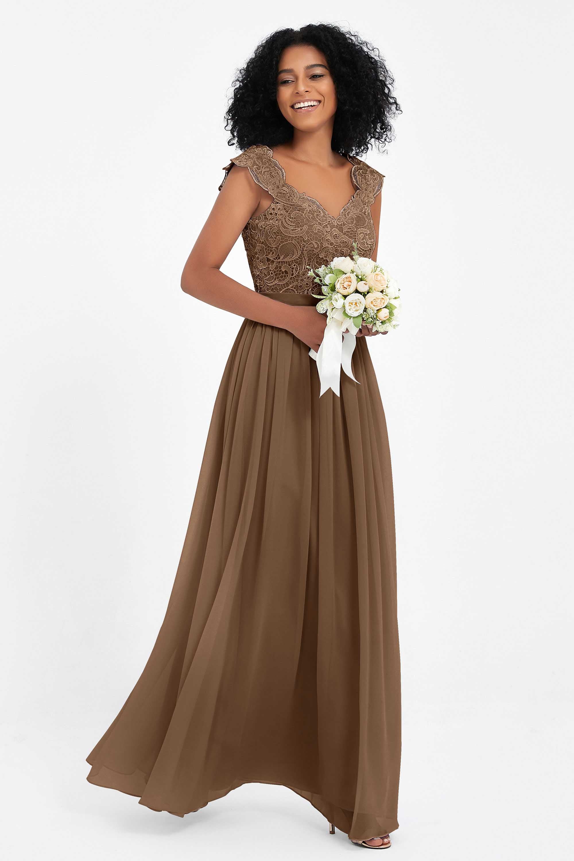 Cap Sleeves Chiffon Bridesmaid Dress with Lace Long Formal Evening Prom Dresses Gowns