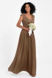 Cap Sleeves Chiffon Bridesmaid Dress with Lace Long Formal Evening Prom Dresses Gowns
