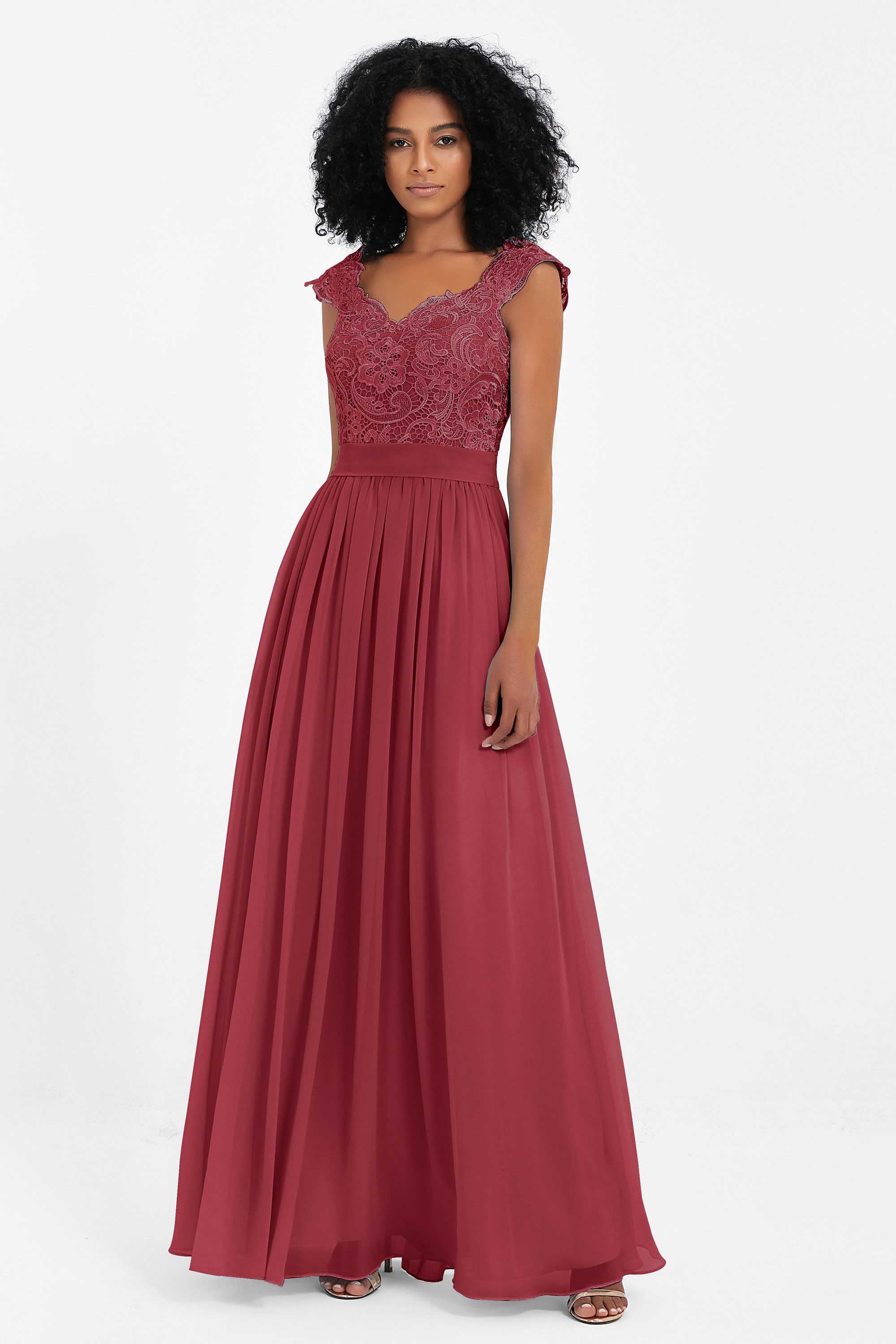 Cap Sleeves Chiffon Bridesmaid Dress with Lace Long Formal Evening Prom Dresses Gowns