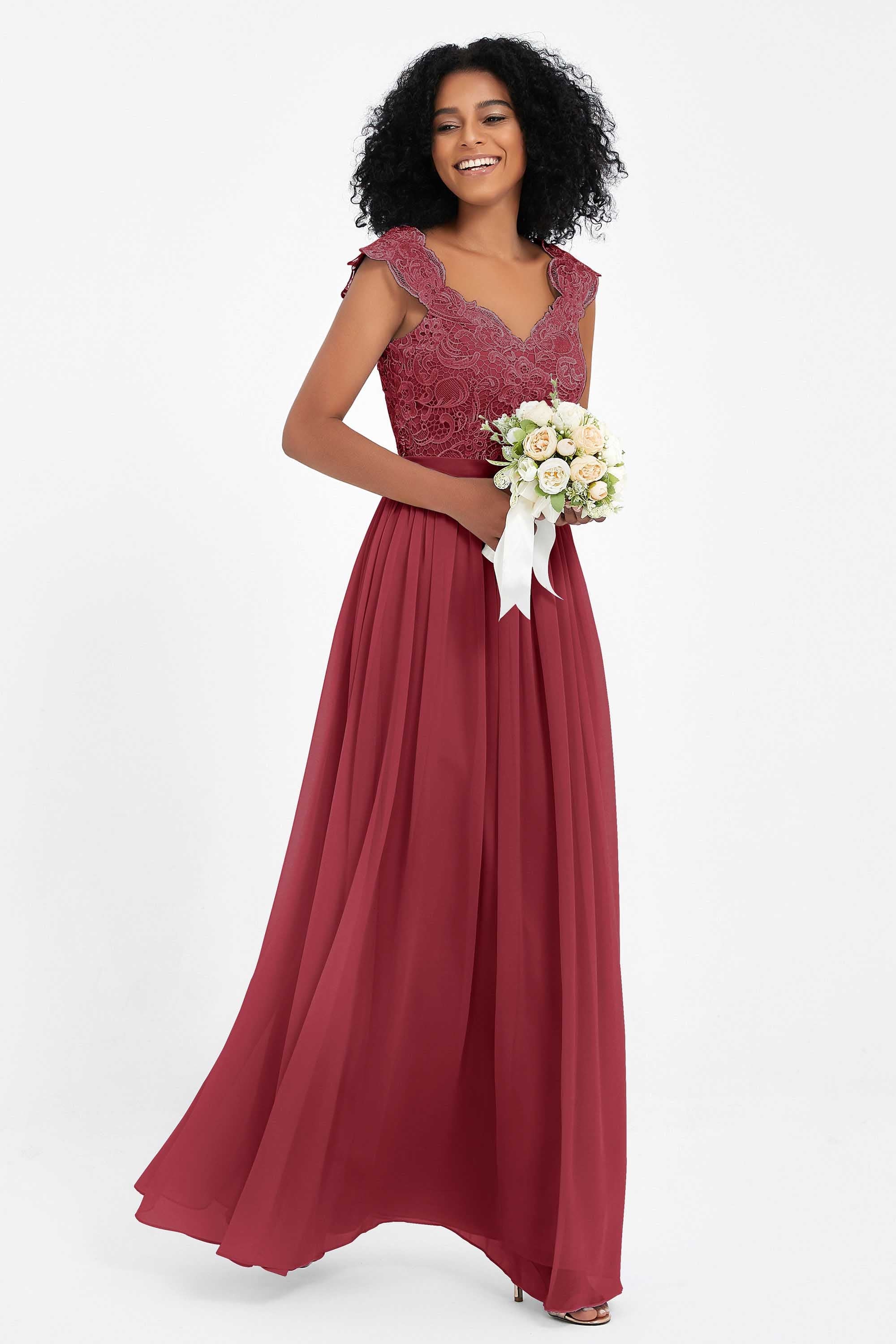 Cap Sleeves Chiffon Bridesmaid Dress with Lace Long Formal Evening Prom Dresses Gowns