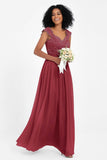 Cap Sleeves Chiffon Bridesmaid Dress with Lace Long Formal Evening Prom Dresses Gowns