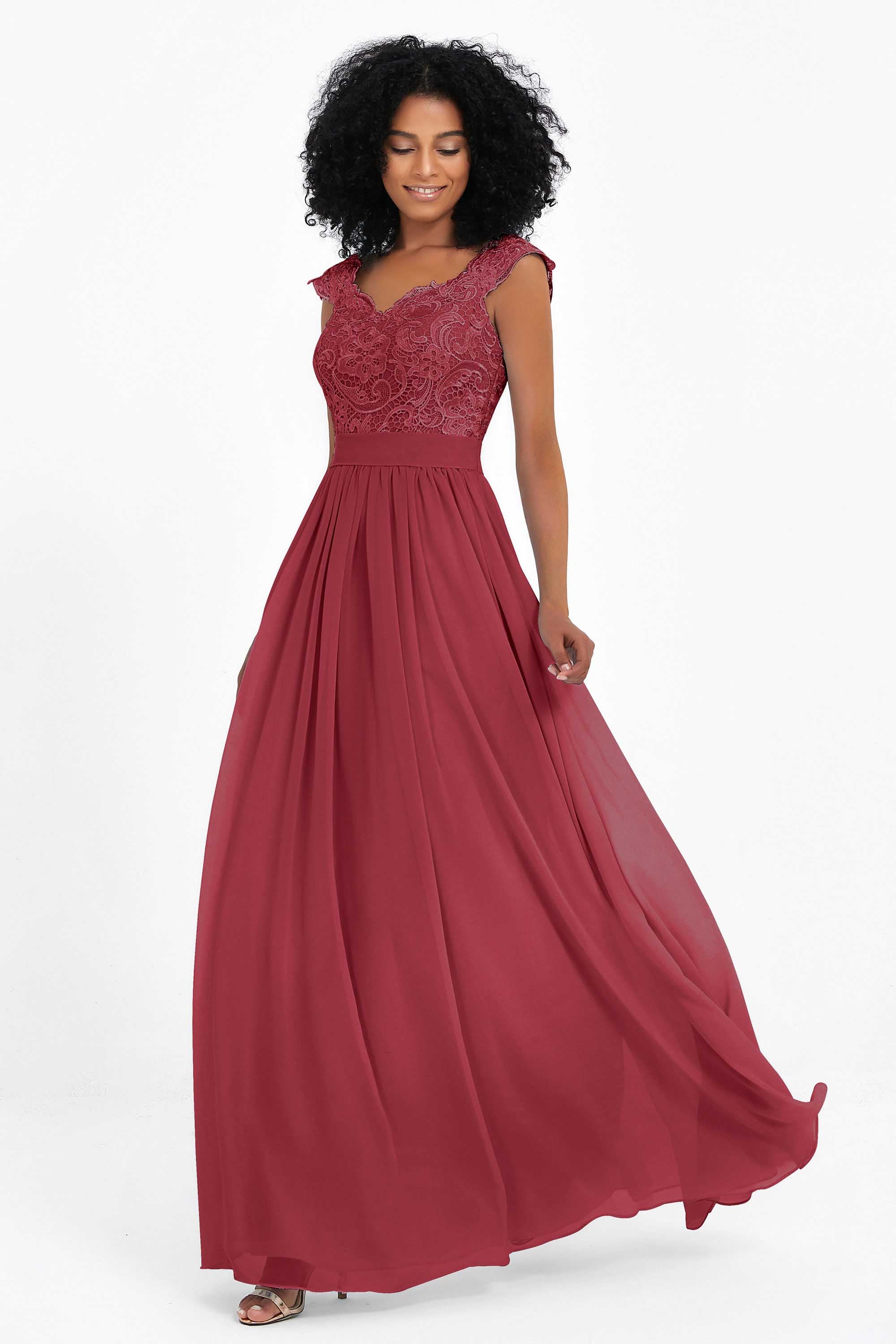 Cap Sleeves Chiffon Bridesmaid Dress with Lace Long Formal Evening Prom Dresses Gowns