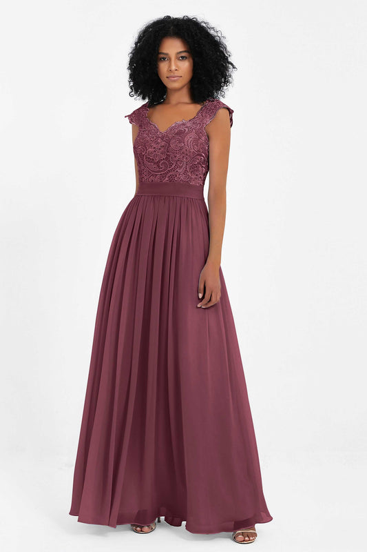 Cap Sleeves Chiffon Bridesmaid Dress with Lace Long Formal Evening Prom Dresses Gowns