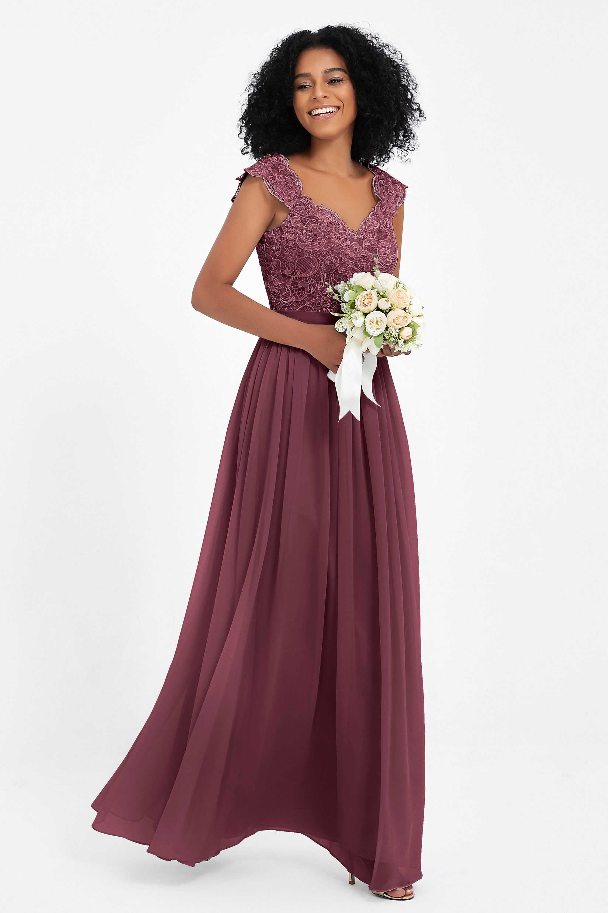 Cap Sleeves Chiffon Bridesmaid Dress with Lace Long Formal Evening Prom Dresses Gowns