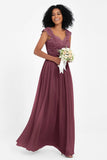 Cap Sleeves Chiffon Bridesmaid Dress with Lace Long Formal Evening Prom Dresses Gowns