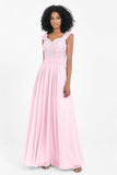 Cap Sleeves Chiffon Bridesmaid Dress with Lace Long Formal Evening Prom Dresses Gowns