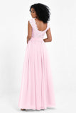 Cap Sleeves Chiffon Bridesmaid Dress with Lace Long Formal Evening Prom Dresses Gowns