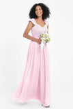 Cap Sleeves Chiffon Bridesmaid Dress with Lace Long Formal Evening Prom Dresses Gowns