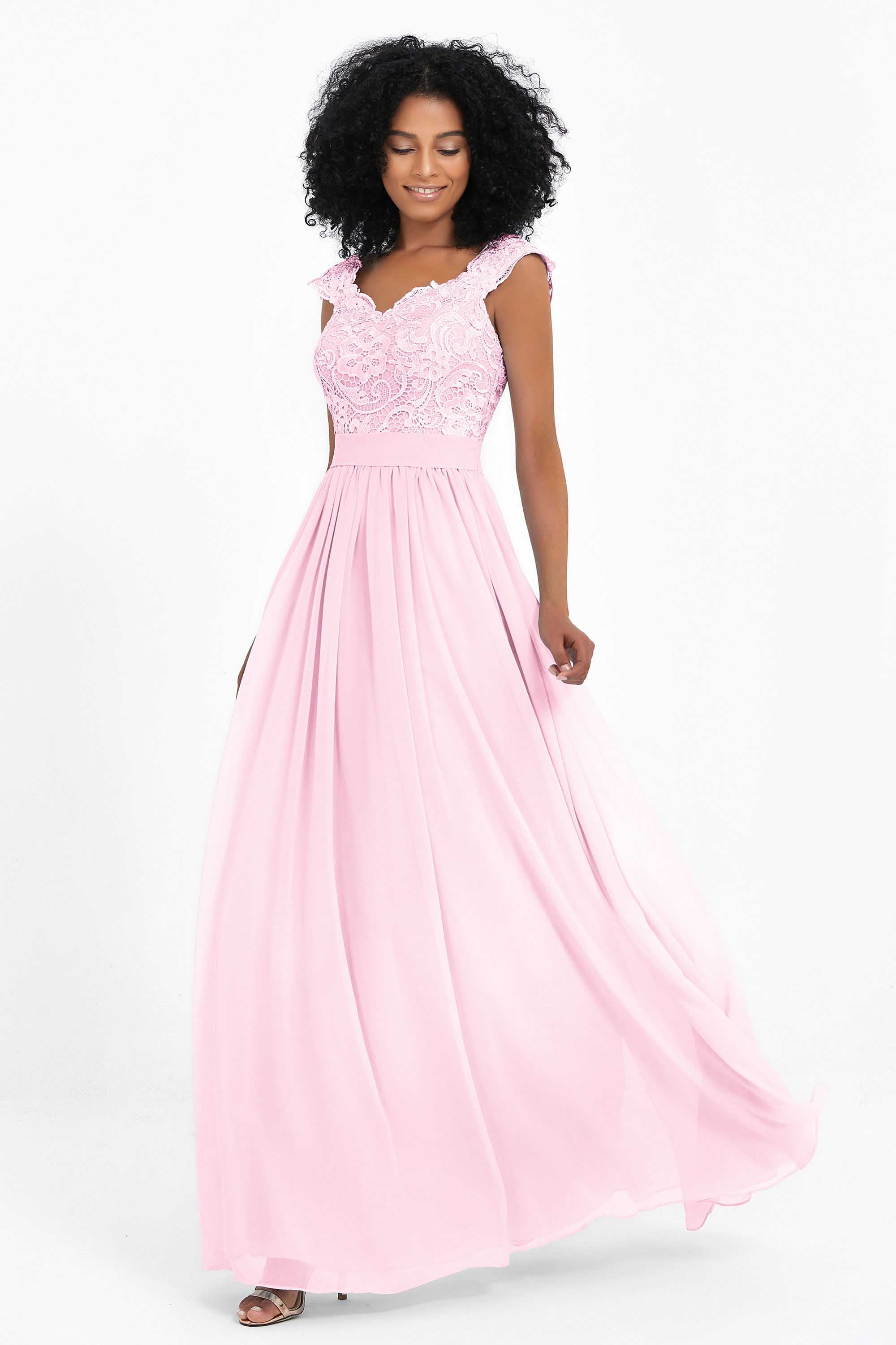 Cap Sleeves Chiffon Bridesmaid Dress with Lace Long Formal Evening Prom Dresses Gowns