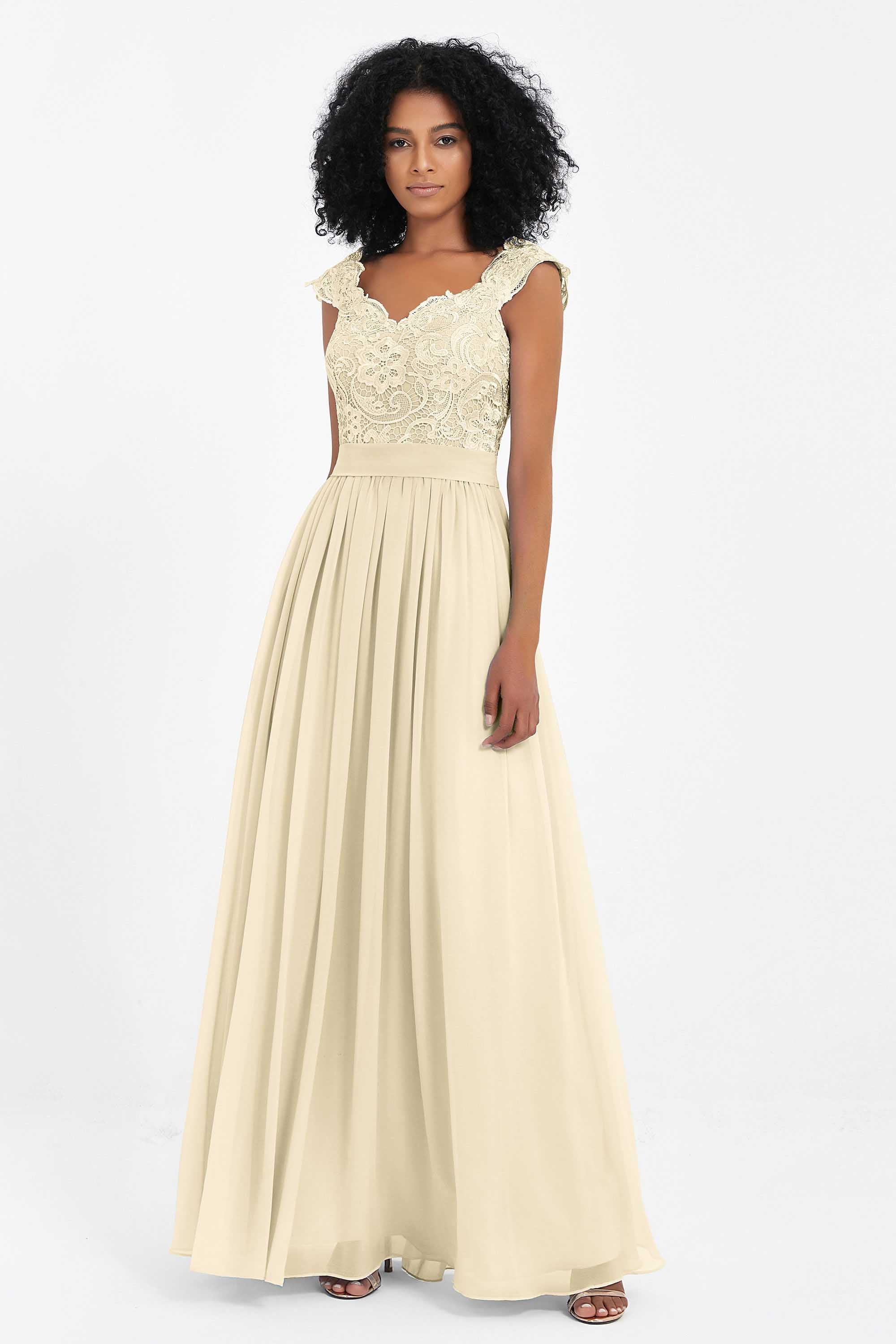 Cap Sleeves Chiffon Bridesmaid Dress with Lace Long Formal Evening Prom Dresses Gowns