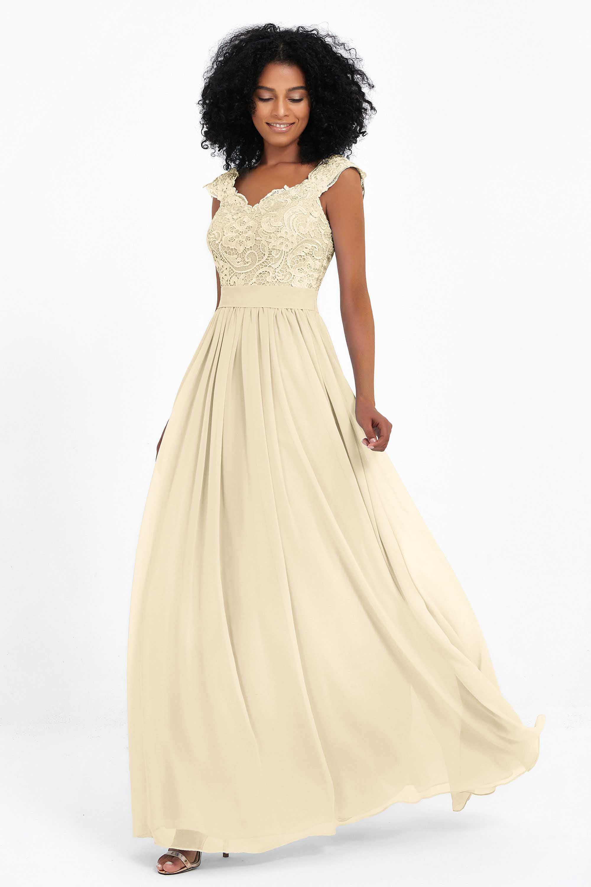 Cap Sleeves Chiffon Bridesmaid Dress with Lace Long Formal Evening Prom Dresses Gowns