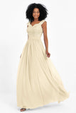 Cap Sleeves Chiffon Bridesmaid Dress with Lace Long Formal Evening Prom Dresses Gowns