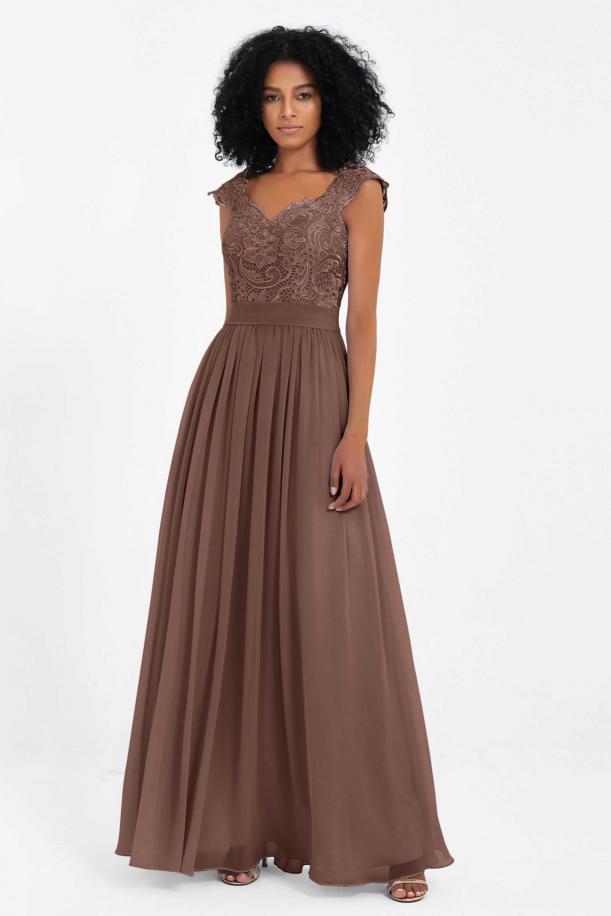 Cap Sleeves Chiffon Bridesmaid Dress with Lace Long Formal Evening Prom Dresses Gowns