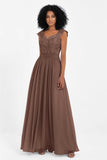 Cap Sleeves Chiffon Bridesmaid Dress with Lace Long Formal Evening Prom Dresses Gowns