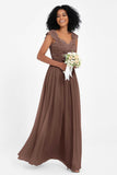 Cap Sleeves Chiffon Bridesmaid Dress with Lace Long Formal Evening Prom Dresses Gowns
