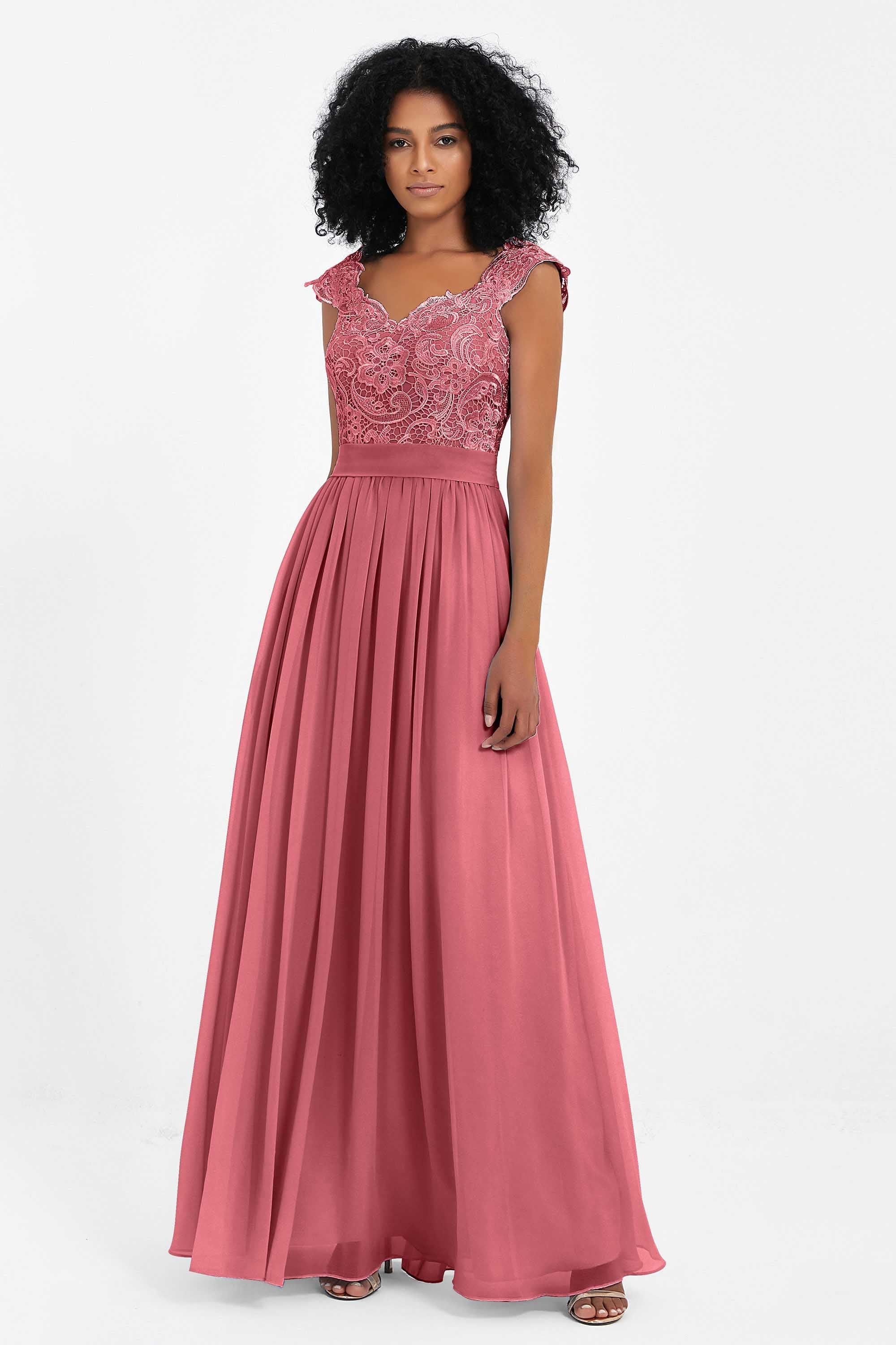 Cap Sleeves Chiffon Bridesmaid Dress with Lace Long Formal Evening Prom Dresses Gowns