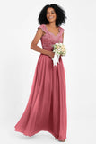 Cap Sleeves Chiffon Bridesmaid Dress with Lace Long Formal Evening Prom Dresses Gowns