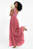 Cap Sleeves Chiffon Bridesmaid Dress with Lace Long Formal Evening Prom Dresses Gowns