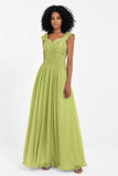 Cap Sleeves Chiffon Bridesmaid Dress with Lace Long Formal Evening Prom Dresses Gowns
