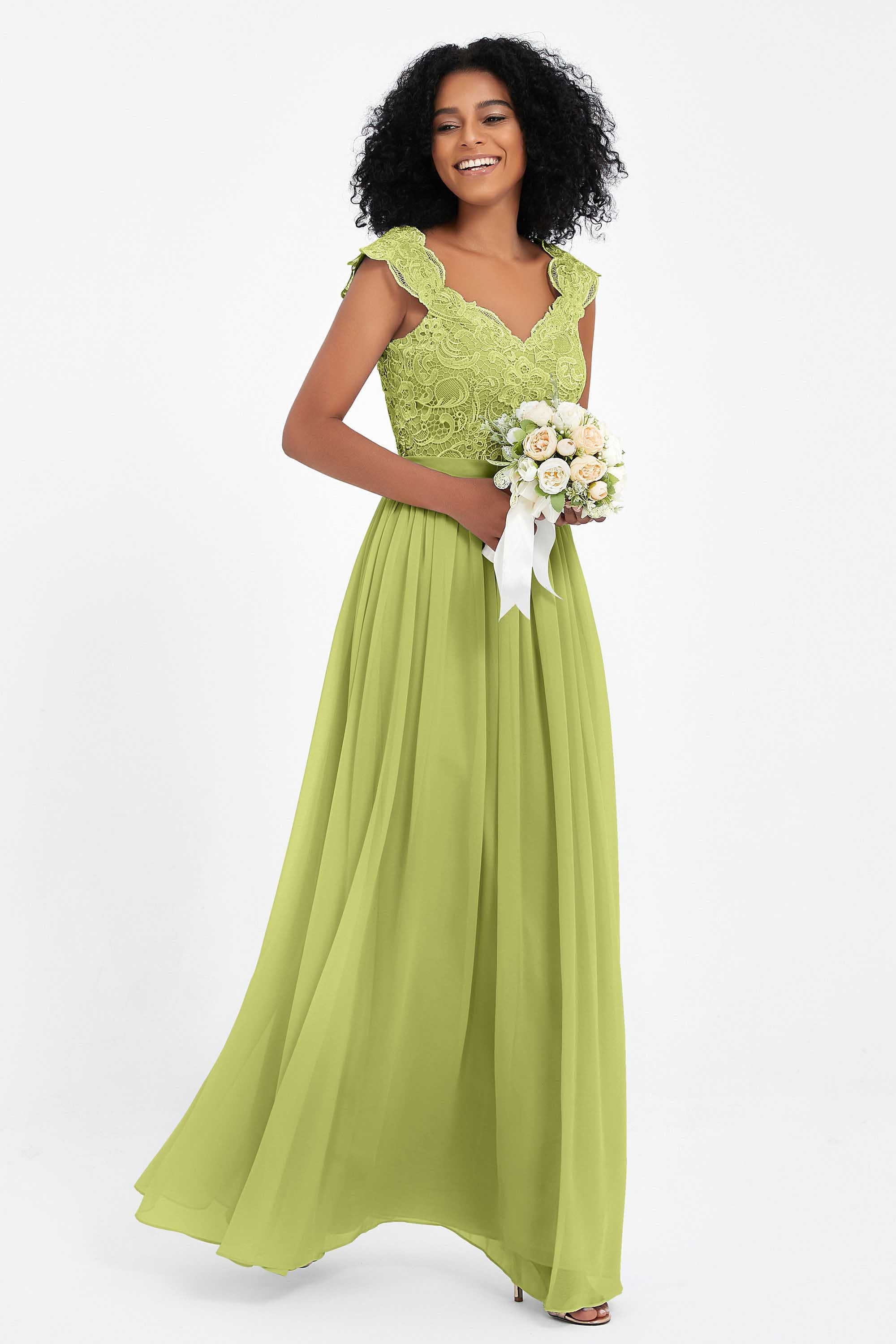 Cap Sleeves Chiffon Bridesmaid Dress with Lace Long Formal Evening Prom Dresses Gowns