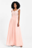 Cap Sleeves Chiffon Bridesmaid Dress with Lace Long Formal Evening Prom Dresses Gowns