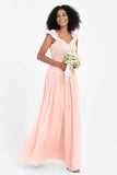 Cap Sleeves Chiffon Bridesmaid Dress with Lace Long Formal Evening Prom Dresses Gowns