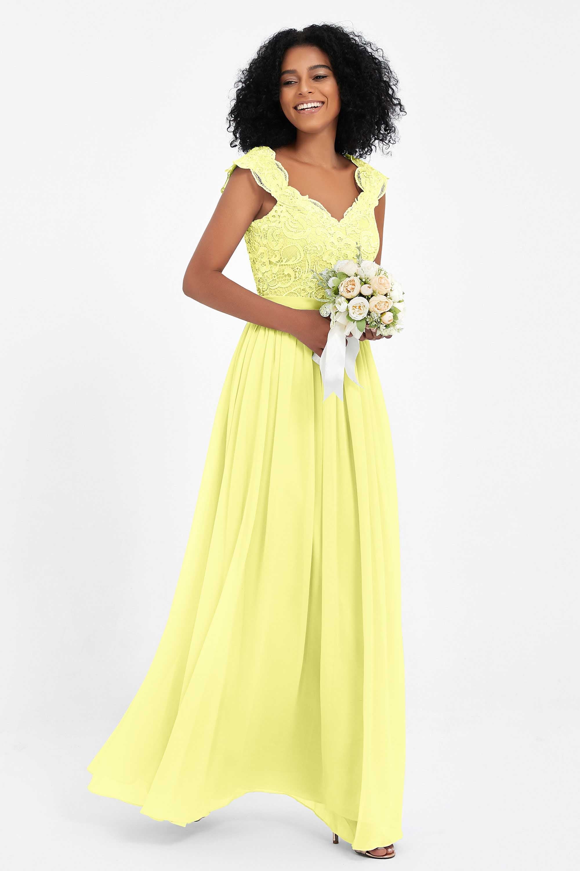 Cap Sleeves Chiffon Bridesmaid Dress with Lace Long Formal Evening Prom Dresses Gowns