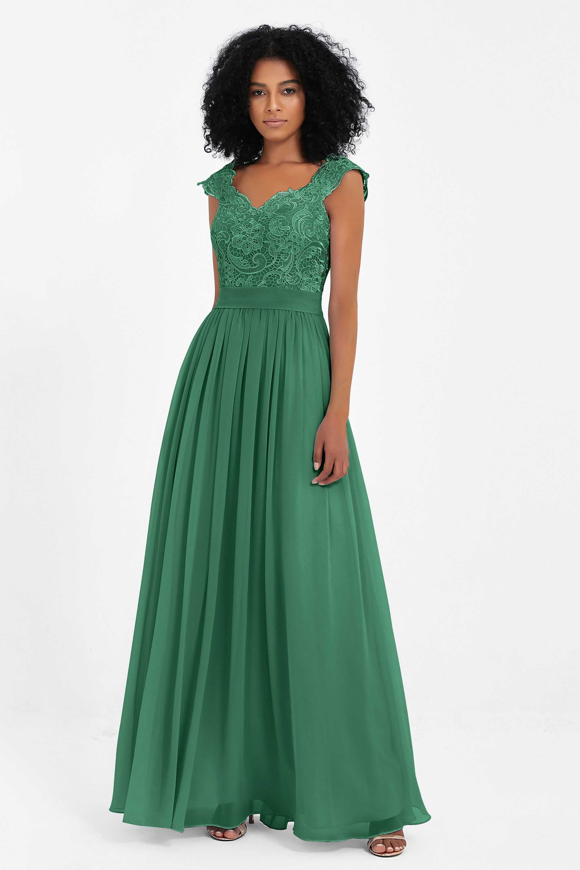 Cap Sleeves Chiffon Bridesmaid Dress with Lace Long Formal Evening Prom Dresses Gowns