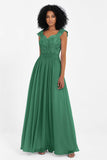 Cap Sleeves Chiffon Bridesmaid Dress with Lace Long Formal Evening Prom Dresses Gowns