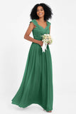 Cap Sleeves Chiffon Bridesmaid Dress with Lace Long Formal Evening Prom Dresses Gowns