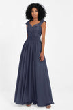 Cap Sleeves Chiffon Bridesmaid Dress with Lace Long Formal Evening Prom Dresses Gowns