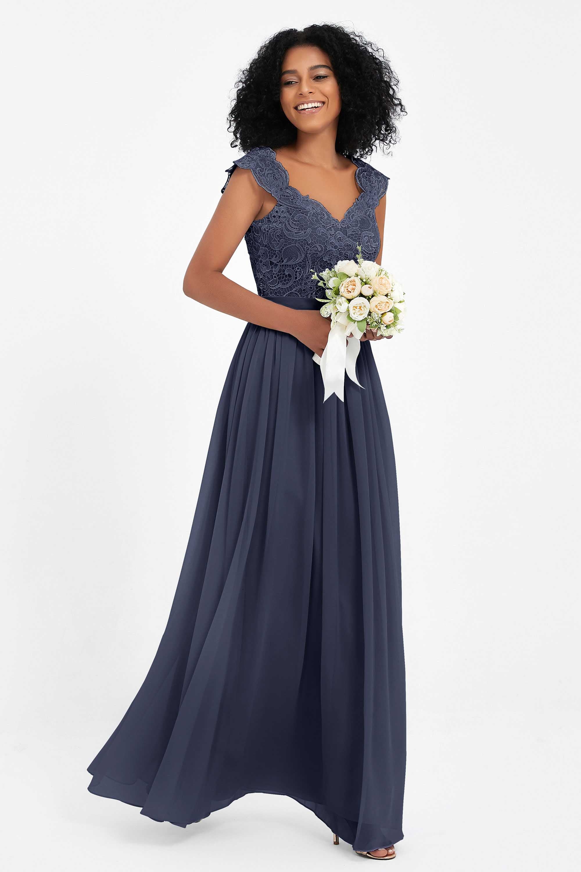 Cap Sleeves Chiffon Bridesmaid Dress with Lace Long Formal Evening Prom Dresses Gowns