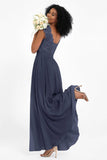 Cap Sleeves Chiffon Bridesmaid Dress with Lace Long Formal Evening Prom Dresses Gowns