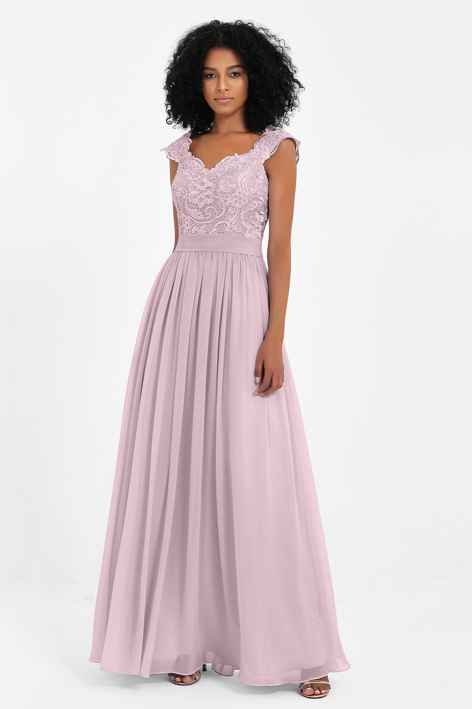 Cap Sleeves Chiffon Bridesmaid Dress with Lace Long Formal Evening Prom Dresses Gowns