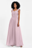 Cap Sleeves Chiffon Bridesmaid Dress with Lace Long Formal Evening Prom Dresses Gowns