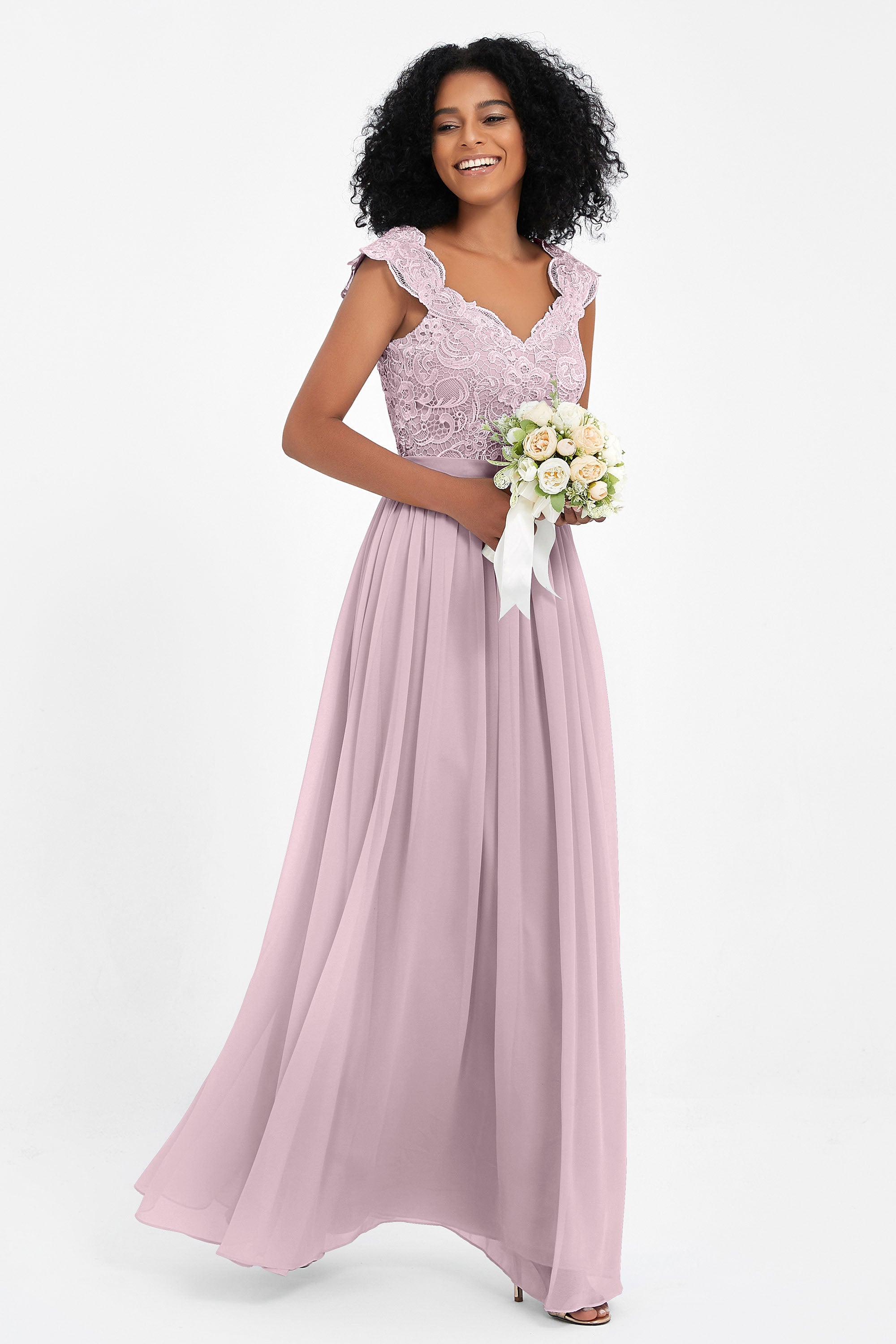 Cap Sleeves Chiffon Bridesmaid Dress with Lace Long Formal Evening Prom Dresses Gowns