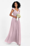 Cap Sleeves Chiffon Bridesmaid Dress with Lace Long Formal Evening Prom Dresses Gowns