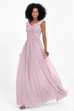 Cap Sleeves Chiffon Bridesmaid Dress with Lace Long Formal Evening Prom Dresses Gowns