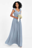 Cap Sleeves Chiffon Bridesmaid Dress with Lace Long Formal Evening Prom Dresses Gowns