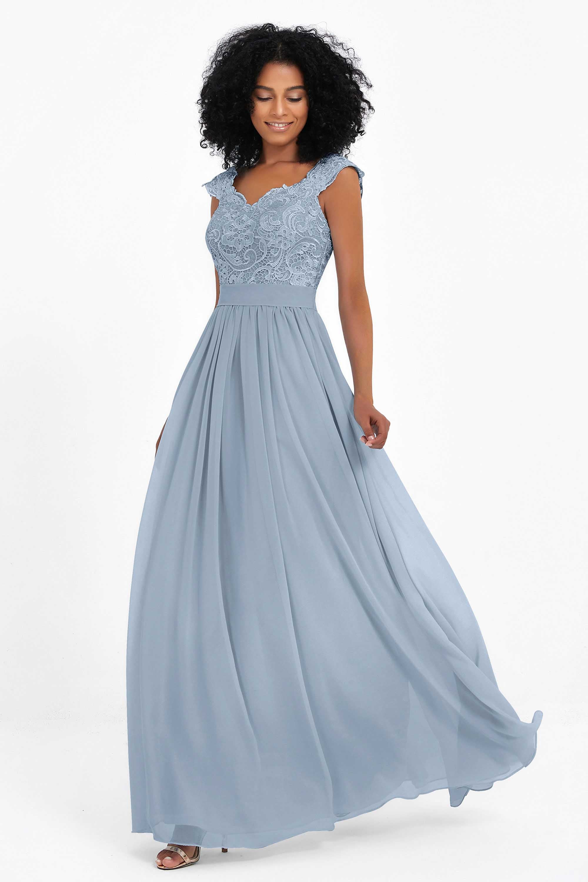 Cap Sleeves Chiffon Bridesmaid Dress with Lace Long Formal Evening Prom Dresses Gowns