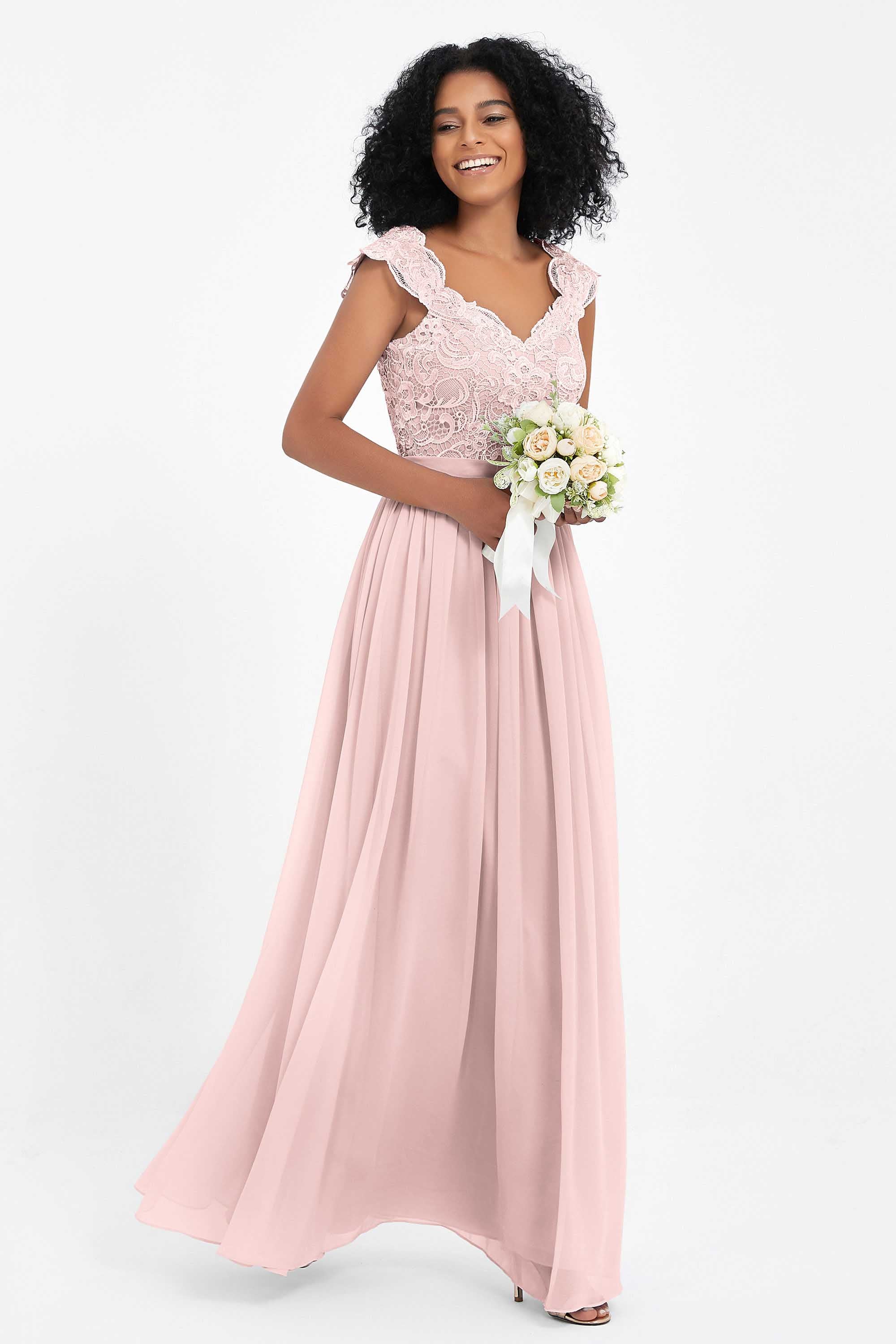 Cap Sleeves Chiffon Bridesmaid Dress with Lace Long Formal Evening Prom Dresses Gowns