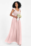 Cap Sleeves Chiffon Bridesmaid Dress with Lace Long Formal Evening Prom Dresses Gowns