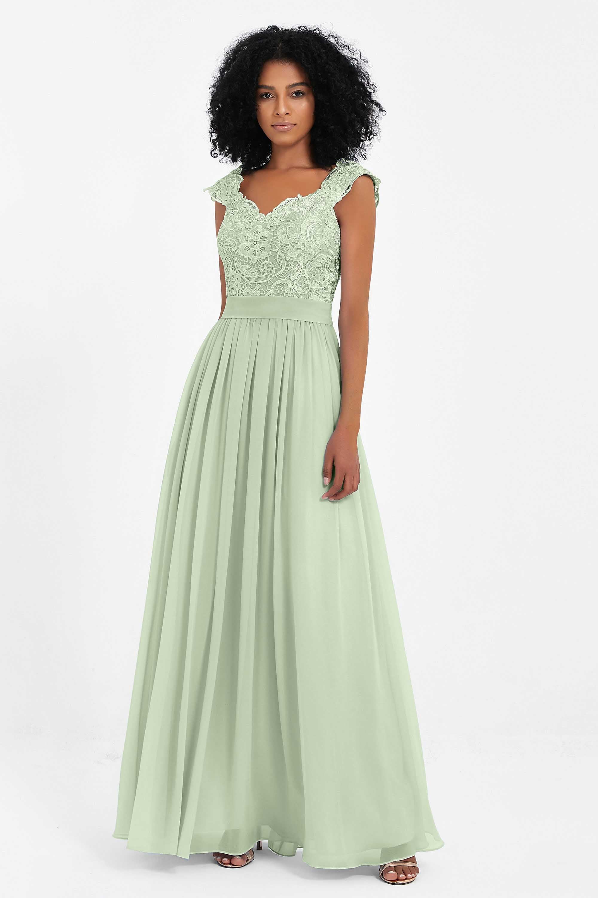 Cap Sleeves Chiffon Bridesmaid Dress with Lace Long Formal Evening Prom Dresses Gowns