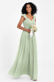 Cap Sleeves Chiffon Bridesmaid Dress with Lace Long Formal Evening Prom Dresses Gowns