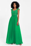 Cap Sleeves Chiffon Bridesmaid Dress with Lace Long Formal Evening Prom Dresses Gowns