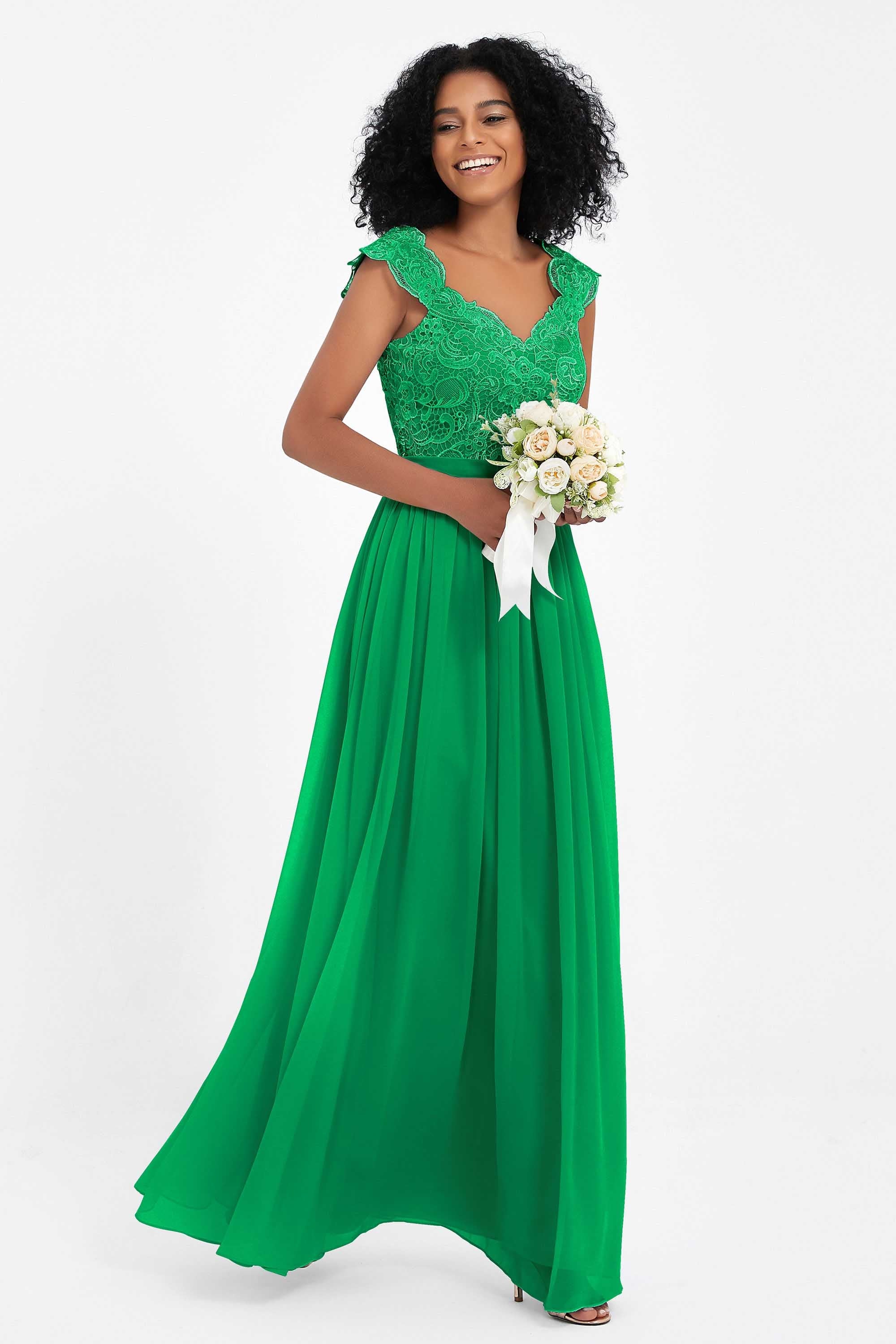 Cap Sleeves Chiffon Bridesmaid Dress with Lace Long Formal Evening Prom Dresses Gowns